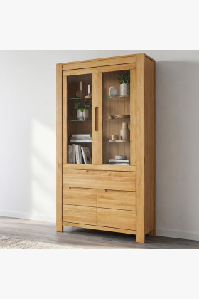 Tölgyfa vitrinszekrény 2 ajtóval, üvegpolcokkal, 190 cm magas, természetes fa